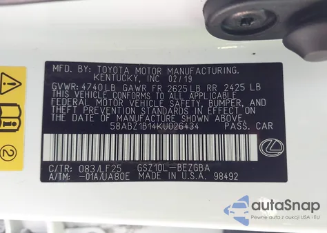 2019 Lexus Es 350 F Sport z USA, uszkodzony, nr VIN 58ABZ1B14KU026434